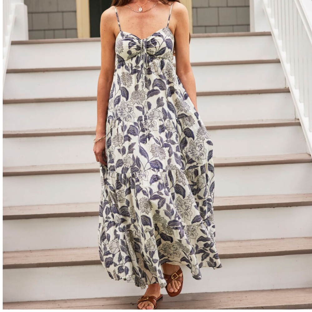 Vineyard Vines Floral Cotton Silk Blend Ruched maxi dress XXS Preppy gardencore